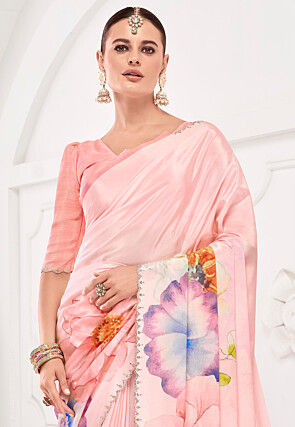 Digital Printed Crepe Saree in Light Pink