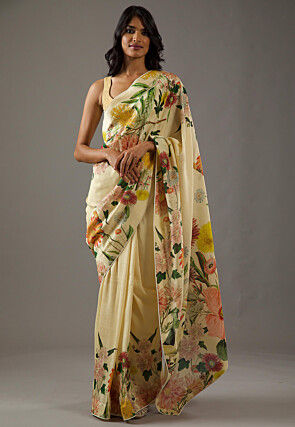 Digital Printed Crepe Saree in Light Yellow