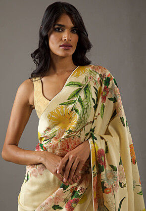 Digital Printed Crepe Saree in Light Yellow
