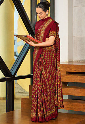 Digital Printed Crepe Saree in Maroon