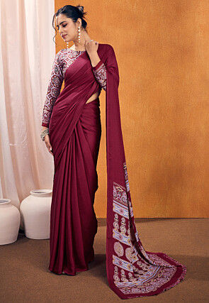 Digital Printed Crepe Saree in Maroon