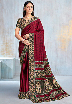 Digital Printed Crepe Saree in Maroon