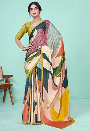 Digital Printed Crepe Saree in Multicolor