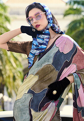 Digital Printed Crepe Saree in Multicolor