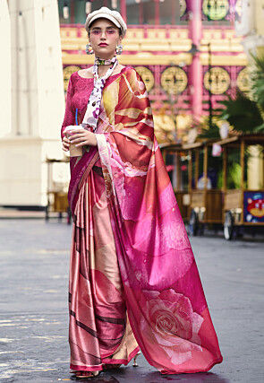Digital Printed Crepe Saree in Multicolor