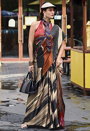 Digital Printed Crepe Saree in Multicolor