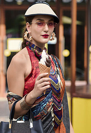 Digital Printed Crepe Saree in Multicolor