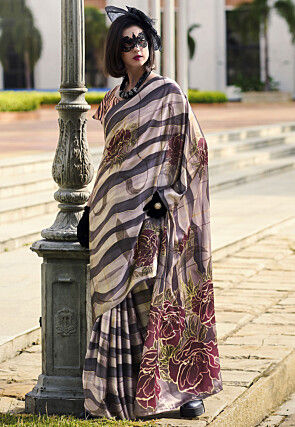 Digital Printed Crepe Saree in Multicolor