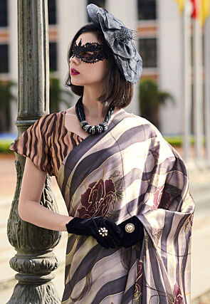 Digital Printed Crepe Saree in Multicolor