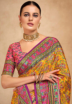Digital Printed Crepe Saree in Mustard