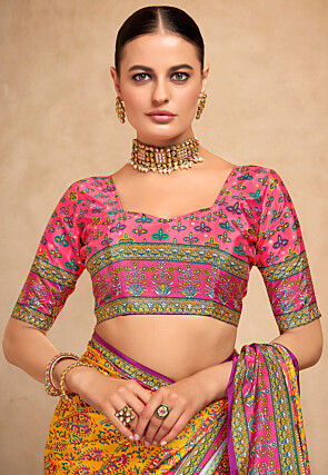 Digital Printed Crepe Saree in Mustard