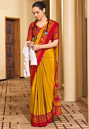 Digital Printed Crepe Saree in Mustard