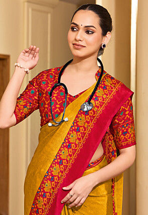 Digital Printed Crepe Saree in Mustard