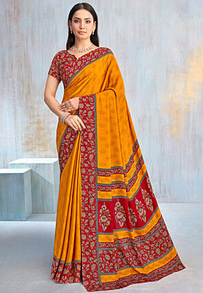 Digital Printed Crepe Saree in Mustard