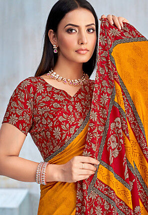 Digital Printed Crepe Saree in Mustard