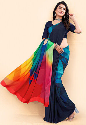 Digital Printed Crepe Saree in Navy Blue and Multicolor