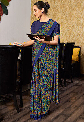 Digital Printed Crepe Saree in Navy Blue