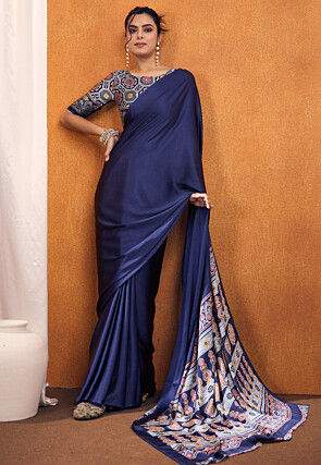 Digital Printed Crepe Saree in Navy Blue