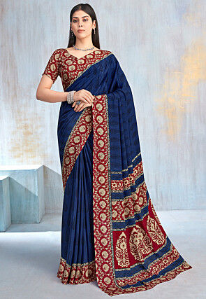 Digital Printed Crepe Saree in Navy Blue