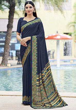 Navy Blue Crepe Silk Saree With Handembroidered Scalloping – kreationbykj