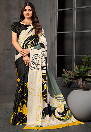 Digital Printed Crepe Saree in Off White and Black