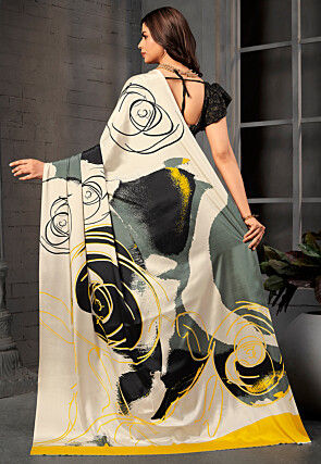 Digital Printed Crepe Saree in Off White and Black
