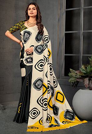 Digital Printed Crepe Saree in Off White and Black