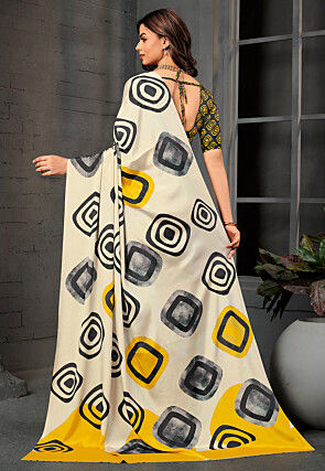 Digital Printed Crepe Saree in Off White and Black