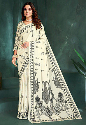 Digital Printed Crepe Saree in Off White