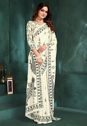 Digital Printed Crepe Saree in Off White
