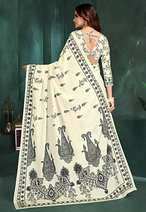 Digital Printed Crepe Saree in Off White