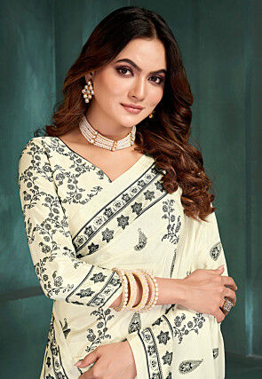Digital Printed Crepe Saree in Off White