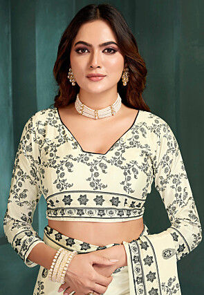 Digital Printed Crepe Saree in Off White