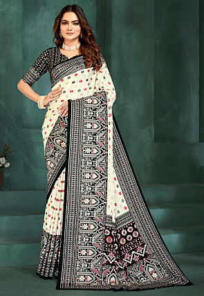 Digital Printed Crepe Saree in Off White