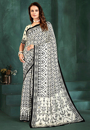 Digital Printed Crepe Saree in Off White