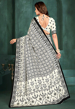 Digital Printed Crepe Saree in Off White