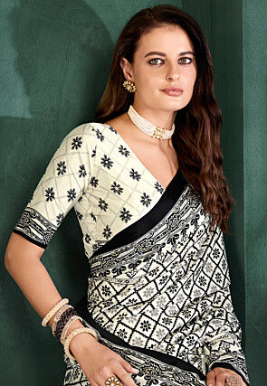 Digital Printed Crepe Saree in Off White