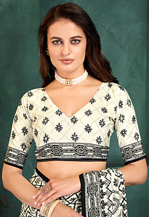 Digital Printed Crepe Saree in Off White