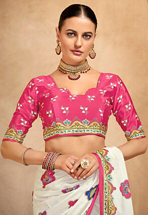 Digital Printed Crepe Saree in Off White