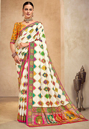 Digital Printed Crepe Saree in Off White