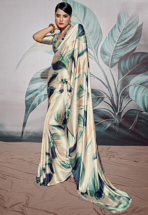 Digital Printed Crepe Saree in Off White