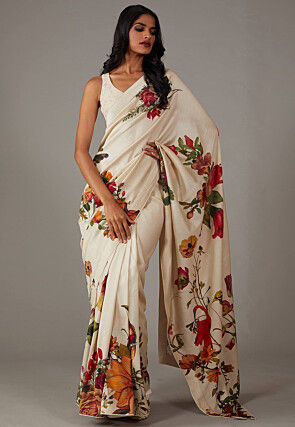 Digital Printed Crepe Saree in Off White