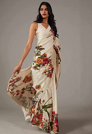 Digital Printed Crepe Saree in Off White
