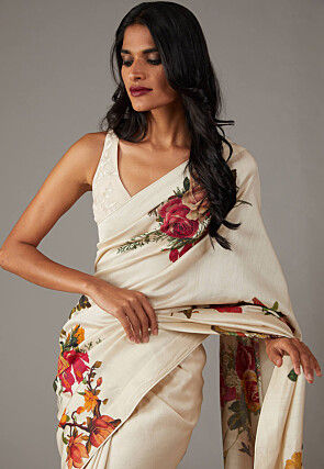 Digital Printed Crepe Saree in Off White