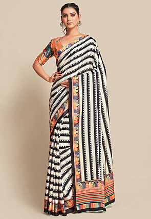 Digital Printed Crepe Saree in Off White