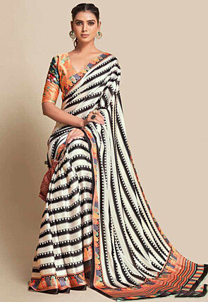 Digital Printed Crepe Saree in Off White