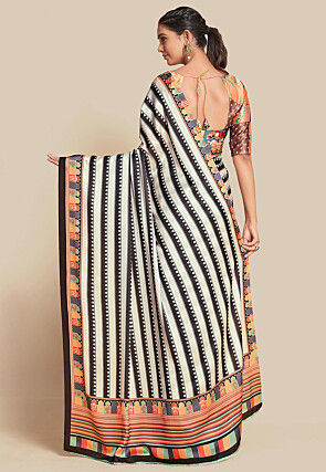 Digital Printed Crepe Saree in Off White