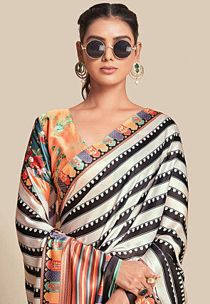 Digital Printed Crepe Saree in Off White