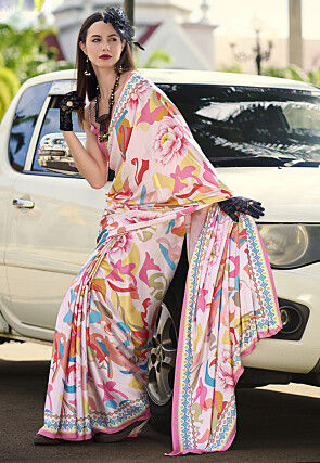 Digital Printed Crepe Saree in Off White