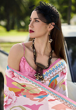 Digital Printed Crepe Saree in Off White